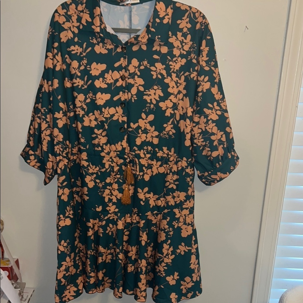 Floral Green and Orange Drop Waist Flowy Peasant Mini Dress